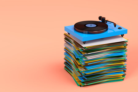 Set of Hi-fi speakers with loudspeakers and DJ turntable with vinyl LP record on heap on coral...