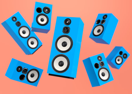 Set of Hi-fi speakers with loudspeakers isolated on coral background. 3d render audio equipment like boombox for sound recording studioの写真素材