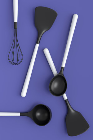 Wooden kitchen utensils, tools and equipment on purple background. 3d render of home kitchen tools...