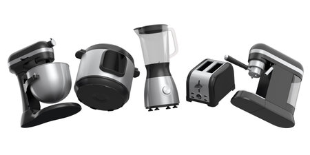 Electric kitchen appliances and utensils for making breakfast on white background. 3d render of...
