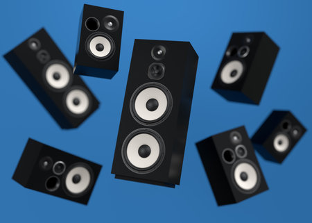 Set of Hi-fi speakers with loudspeakers isolated on blue background. 3d render audio equipment like boombox for sound recording studioの写真素材