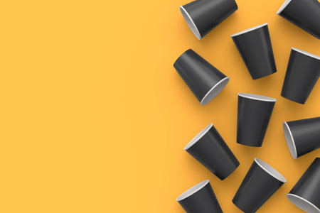 Set of paper coffee cups for cappuccino, americano, espresso, mocha, latte, cocoa on blue background. 3d render of concept takeaway food and drink in recycling packagingの写真素材