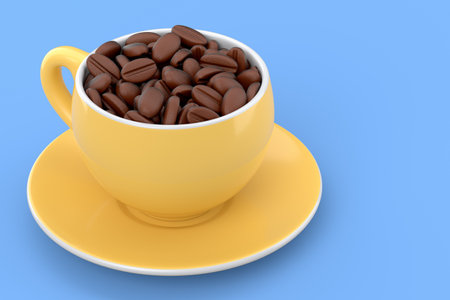 Ceramic coffee cup with coffee beans for cappuccino, americano, espresso, mocha, latte, cocoa on blue background. 3d render of concept takeaway food and drink in recycling packaging and donutの写真素材