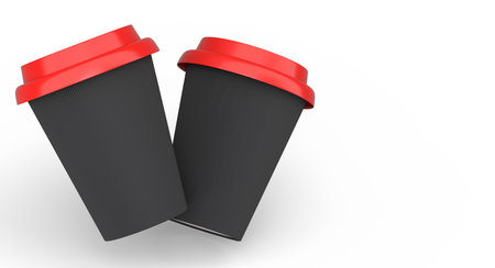 Set of paper coffee cups with cover for cappuccino, americano, espresso, mocha, latte, cocoa on white background. 3d render of concept takeaway food and drink in recycling packagingの写真素材