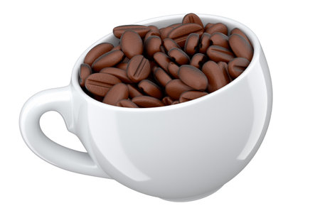 Ceramic coffee cup with coffee beans for americano, espresso, latte on whiteの写真素材