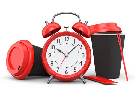 Vintage alarm clock with paper coffee cup on white background. 3d render concept of wake up time...
