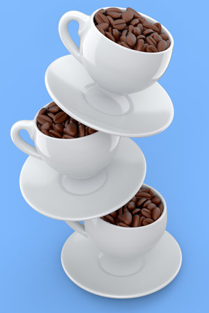 Ceramic coffee cup with coffee beans for cappuccino, americano, espresso, mocha, latte, cocoa on blue background. 3d render of concept takeaway food and drink in recycling packaging and donutの写真素材