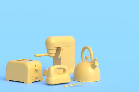 Espresso coffee machine, hand mixer, kettle and toaster for preparing breakfast on monochrome...
