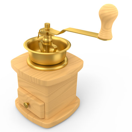 Manual wooden coffee grinder with coffee beans on white background. 3d render concept of coffee production or making espresso drink at home barista design templateの写真素材