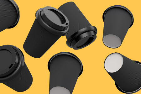 Set of paper coffee cups with cover for cappuccino, americano, espresso, mocha, latte, cocoa on yellow background. 3d render of concept takeaway food and drink in recycling packagingの写真素材