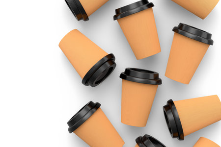 Set of paper coffee cups with cover for cappuccino, americano, espresso, mocha, latte, cocoa on white background. 3d render of concept takeaway food and drink in recycling packagingの写真素材