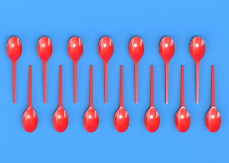 Set of disposable utensils like spoon on blue background. 3d render concept of save the earth and zero wasteの写真素材