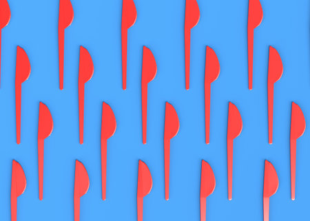 Set of disposable utensils like knife on blue background. 3d render concept of save the earth and...