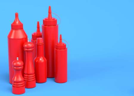 Set of disposable utensils like plate, folk, spoon,knife, cup and pepper and salt mill on blue background. 3d render concept of save the earth and zero wasteの写真素材