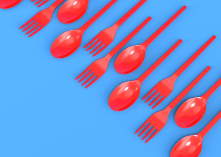 Set of disposable utensils like spoon, fork and knife on blue background. 3d render concept of save the earth and zero wasteの写真素材