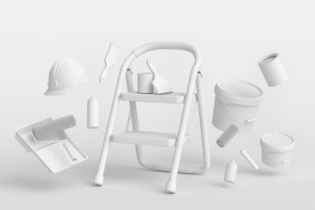 Set of folding ladder, bucket, safety helmet with paint rollers and brushes for painting walls on...
