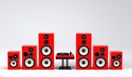 Set of Hi-fi speakers and DJ turntable for sound recording studio on whiteの写真素材