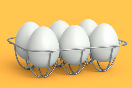 Farm raw organic white sugar-coated eggs in metal tray or paper cardboard on yellow background. 3d render of fresh chicken eggs for omelet or scrambled fried egg for morning breakfastの写真素材