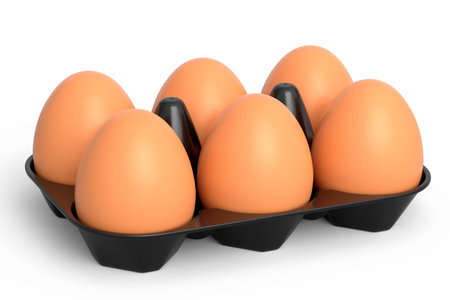 Farm raw organic brown eggs in plastic tray or paper cardboard on white background. 3d render of fresh chicken eggs for omelet or scrambled fried egg for morning breakfastの写真素材