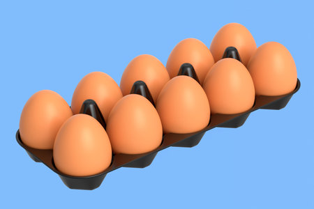Farm raw organic brown eggs in plastic tray or paper cardboard on blue background. 3d render of...