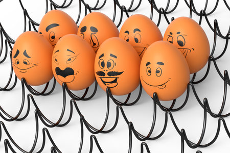 Farm brown painted egg with expressions and funny face in metal wire tray on white background. 3d...