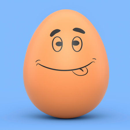 Farm brown painted egg with expressions and funny face isolated on blue background. 3d render of Easter eggs template design for greeting and invitation cards with emotionsの写真素材