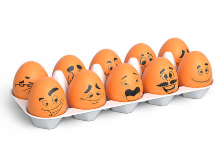 Farm white painted egg with expressions and funny face in plastic tray or paper cardboard on white background. 3d render of Easter eggs template design for greeting and invitation cards with emotionsの写真素材