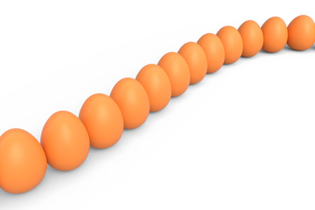 Group farm raw organic brown chicken eggs standing in line or queue on white background. 3d render of social distancing or migration and lining up conceptの写真素材