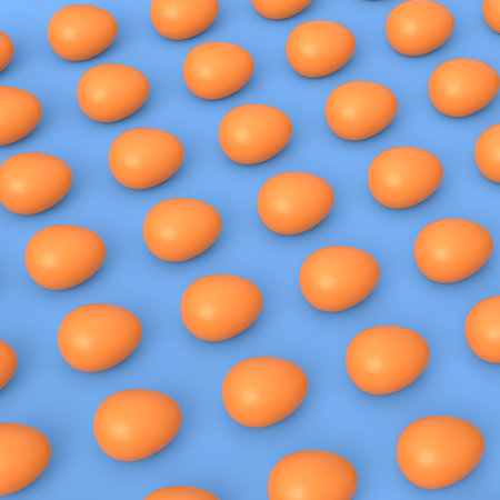 Group farm raw organic brown chicken eggs standing in line or patternon blue background. 3d render of seamless polka dot pattern and trendy abstract backgroundの写真素材