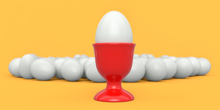 Farm white painted egg in ceramic egg cup for breakfast and crowd of eggs on yellow background. 3d render concept of English breakfast for greeting cards with emotionsの写真素材