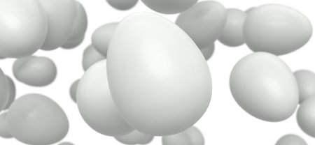 Group of flying farm raw organic white chicken eggs flying on white background. 3d render of Easter...