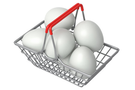 Farm raw organic white sugar-coated eggs in metal wire basket or paper cardboard on white background. 3d render of fresh chicken eggs for omelet or scrambled fried egg for morning breakfastの写真素材