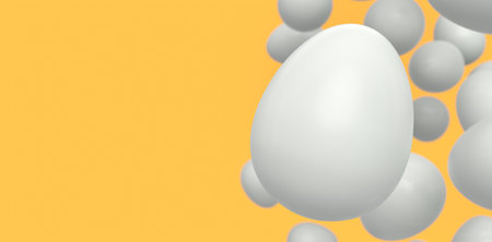 Group of flying farm raw organic white chicken eggs flying on yellow background. 3d render of Easter eggs template design for greeting and invitation cardsの写真素材