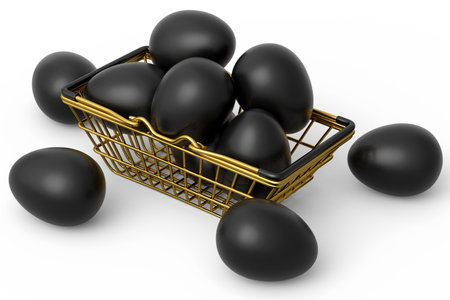 Luxury black eggs in metal basket or paper cardboard isolated on white background. 3d render of Easter concept or chicken eggs for omelet or scrambled fried egg for morning breakfastの写真素材