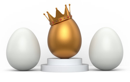 White chicken eggs in row and unique gold egg in royal king crown on podium and white background. 3d render of Easter concept or Black Friday. Minimal wall scene for mockup product displayの写真素材