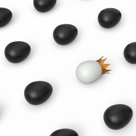 Pattern from farm black chicken eggs and unique white egg in gold royal king crown on white background. 3d render of Easter concept or Black Friday, luxury, wealth and imperial powerの写真素材