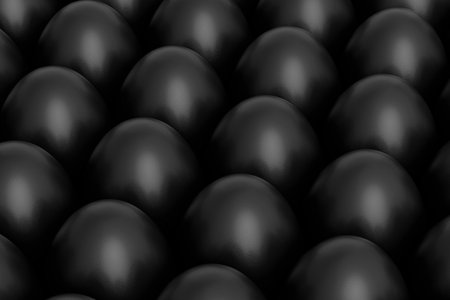 Heap of farm raw organic black chicken eggs, abstract background. 3d render of Easter concept or Black Friday, luxury, wealth and imperial powerの写真素材