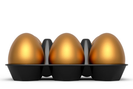 Luxury gold eggs standing in plastic tray or paper cardboard isolated on white background. 3d render of Easter concept or chicken eggs for omelet or scrambled fried egg for morning breakfastの写真素材