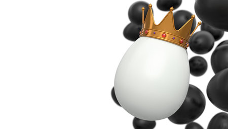 Flying farm black chicken eggs and unique white egg in gold royal king crown on white background. 3d render of Easter concept or Black Friday, luxury, wealth and imperial powerの写真素材