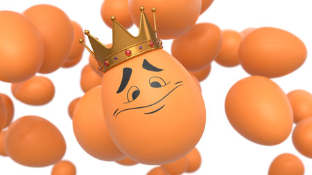 Group of flying farm brown chicken eggs flying with expressions and funny face and crown on it on white background. 3d render of Easter eggs template design for greeting and invitation cardsの写真素材