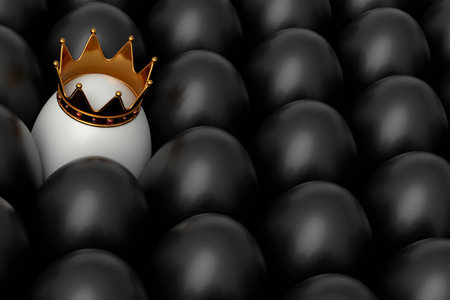 Heap of farm black chicken eggs and unique white egg in gold royal king crown on white background. 3d render of Easter concept or Black Friday, luxury, wealth and imperial powerの写真素材