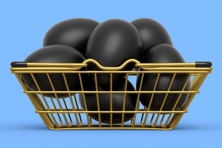 Luxury black eggs in metal basket or paper cardboard for morning breakfastの写真素材