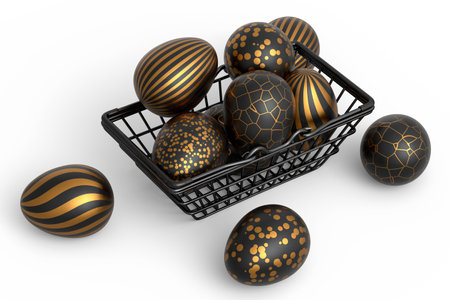 Golden and black Easter eggs in basket or tray and chocolate eggs on white background. 3d render of Happy easter elegant design layout for invitation, card, menu, flyer, banner, poster, voucherの写真素材