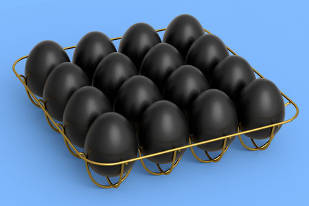 Luxury black eggs standing in metal tray or paper cardboard isolated on blue background. 3d render of Easter concept or chicken eggs for omelet or scrambled fried egg for morning breakfastの写真素材