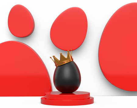 Unique chicken black egg in gold royal king crown on podium and white background. 3d render of Easter concept or Black Friday. Minimal wall scene for mockup product displayの写真素材