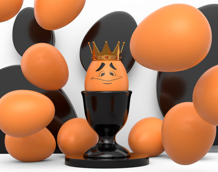 Unique brown egg in royal gold crown in ceramic eggcup with funny face and scattered eggs on it on white background. 3d render of Easter eggs template design for greeting and invitation cardsの写真素材