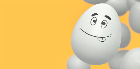 Group of flying farm white chicken eggs flying with expressions and funny face and crowd of eggs on yellow background. 3d render of Easter eggs template design for greeting and invitation cardsの写真素材