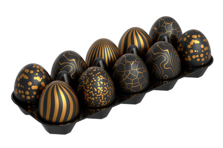 Golden and black Easter eggs in basket or tray and chocolate eggs on white background. 3d render of Happy easter elegant design layout for invitation, card, menu, flyer, banner, poster, voucherの写真素材