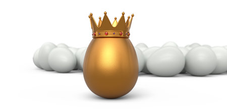 Crowd of farm white chicken eggs and unique gold egg in royal king crown on white background. 3d render of Easter concept or Black Friday, luxury, wealth and imperial powerの写真素材