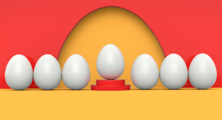 Farm white chicken egg on podium and crowd of eggs standing in line on yellow background. 3d render concept of English breakfast for greeting cards. Minimal wall scene for mockup product displayの写真素材